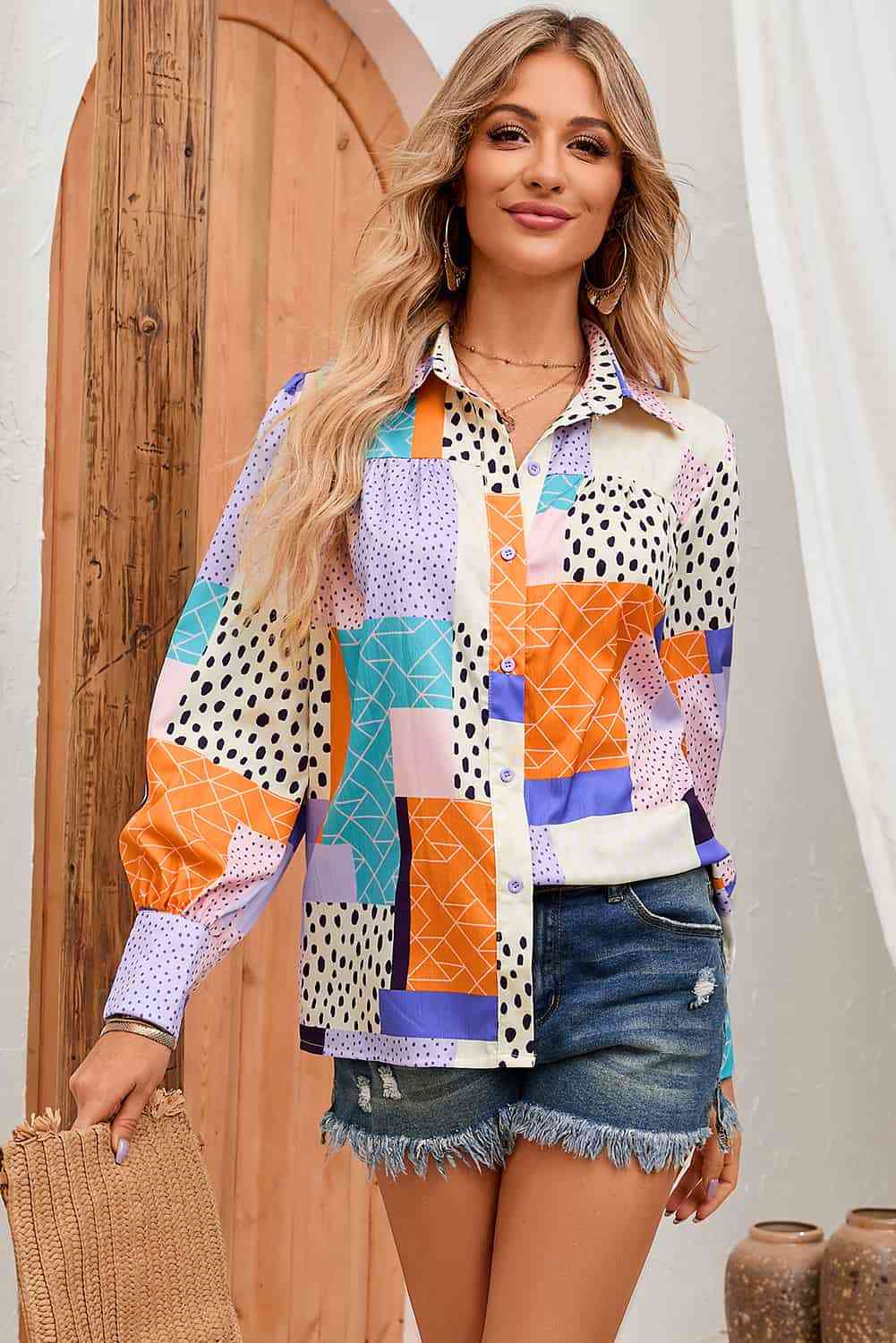 Double Take Patchwork Puff Sleeve Collared Shirt Multicolor / S