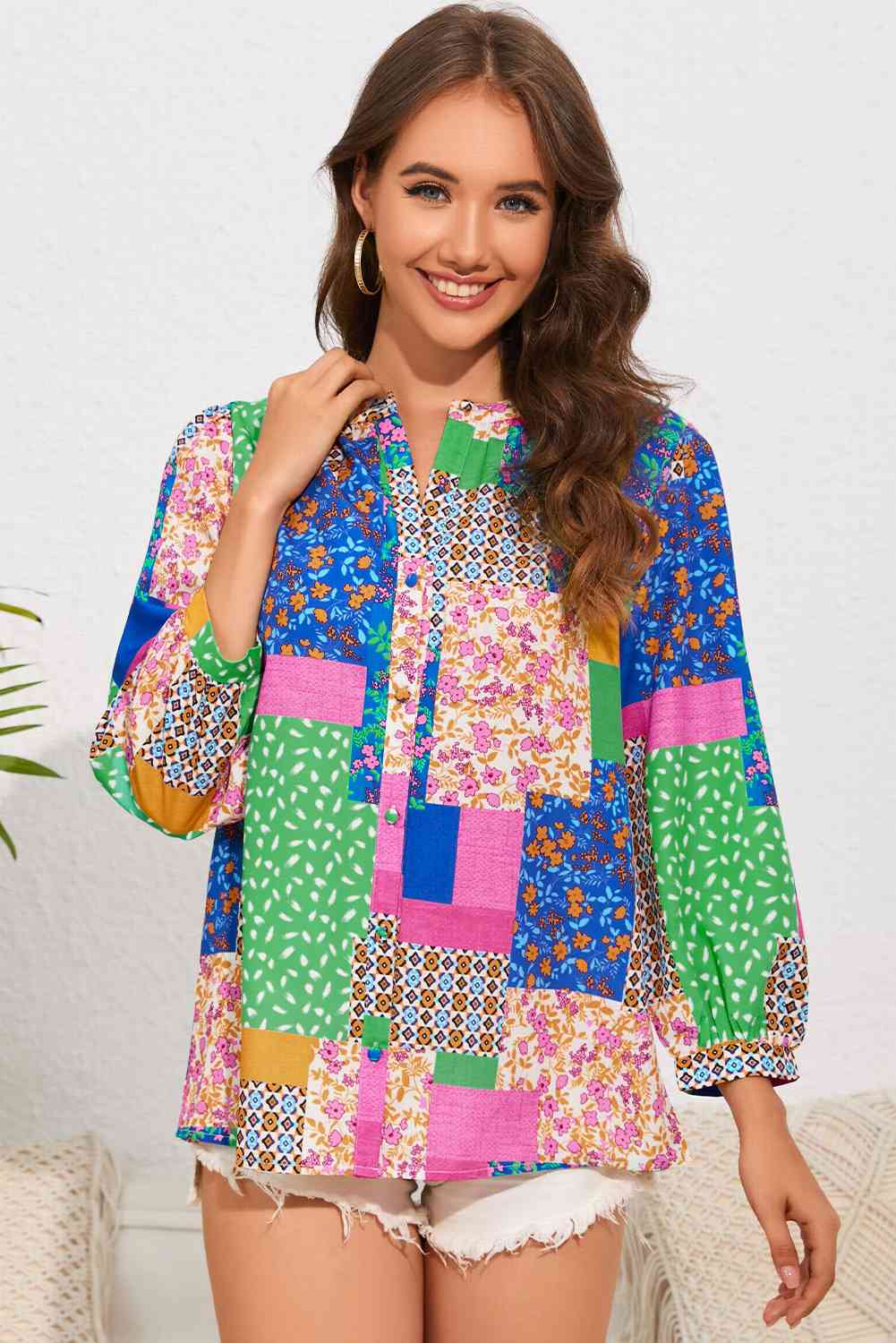 Double Take Patchwork Round Neck Shirt Multicolor / S