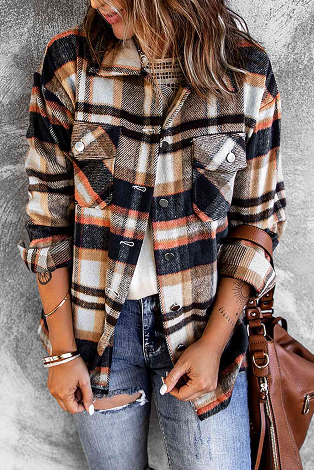 Double Take Plaid Button Front Shirt Jacket with Breast Pockets Blue / S