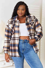 Double Take Plaid Button Front Shirt Jacket with Breast Pockets Navy / S