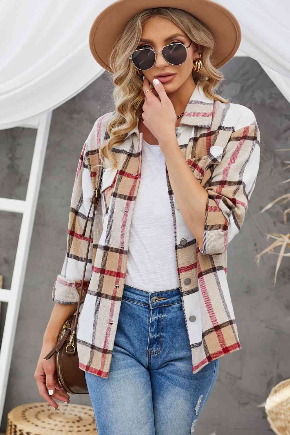 Double Take Plaid Button-Up Dropped Shoulder Shirt Jacket