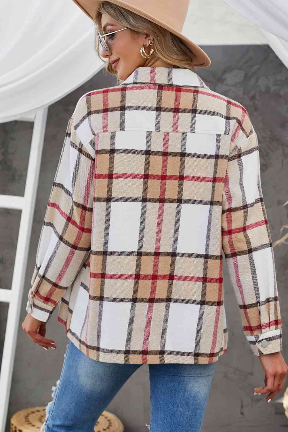 Double Take Plaid Button-Up Dropped Shoulder Shirt Jacket