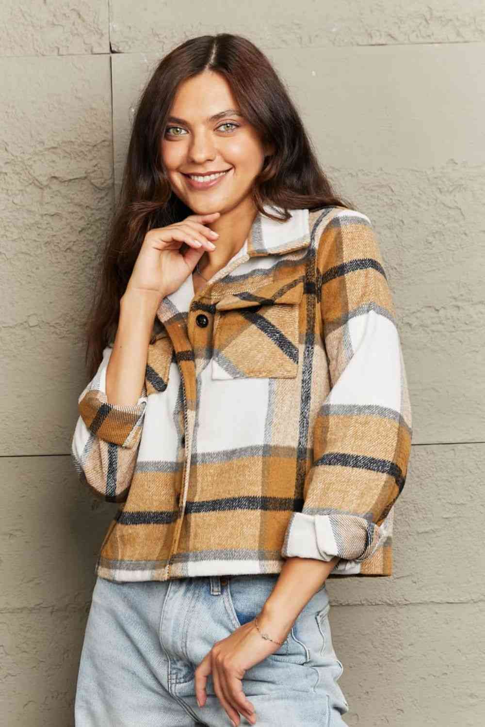 Double Take Plaid Collared Neck Jacket with Breast Pockets