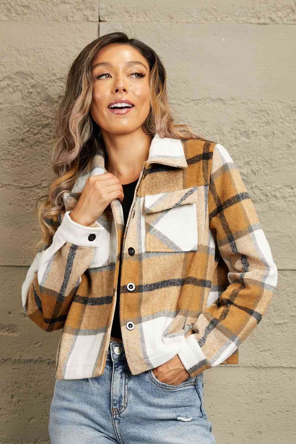 Double Take Plaid Collared Neck Jacket with Breast Pockets Camel / S