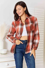 Double Take Plaid Collared Neck Long Sleeve Shirt Ochre / S