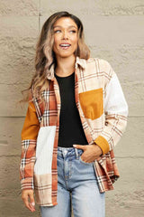 Double Take Plaid Color Block Dropped Shoulder Shacket Mustard / S