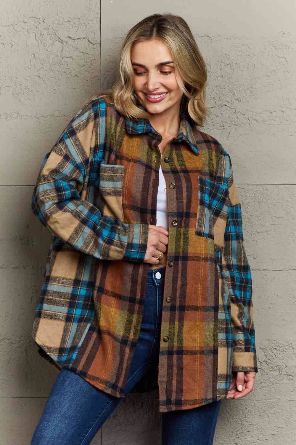 Double Take Plaid Curved Hem Shirt Jacket with Breast Pockets Plaid / S