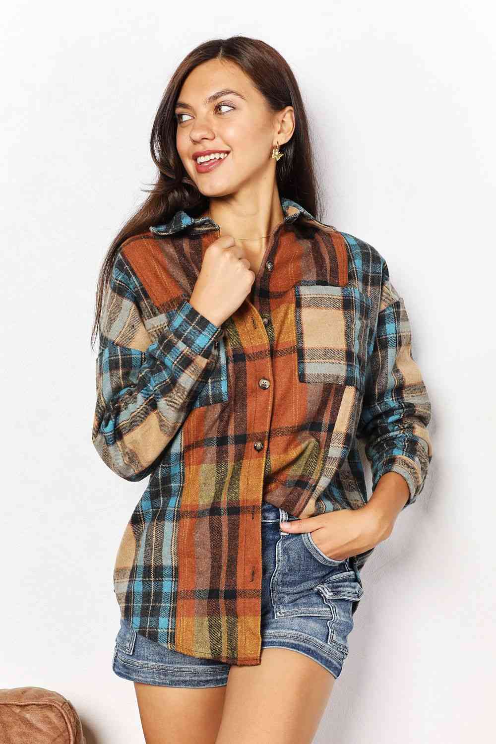 Double Take Plaid Curved Hem Shirt Jacket with Breast Pockets Plaid / S