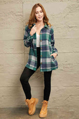 Double Take Plaid Dropped Shoulder Pocketed Shirt Jacket