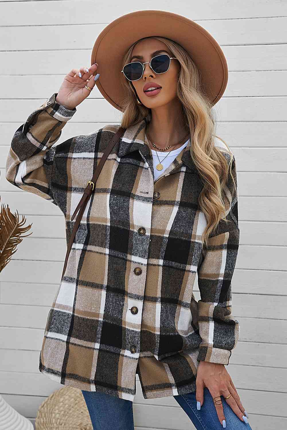 Double Take Plaid Dropped Shoulder Pocketed Shirt Jacket Brown / S