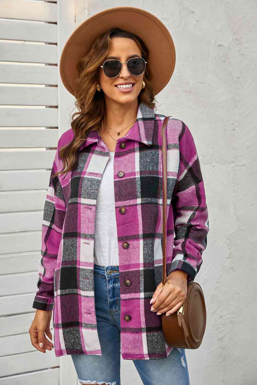 Double Take Plaid Dropped Shoulder Pocketed Shirt Jacket Fuchsia / S