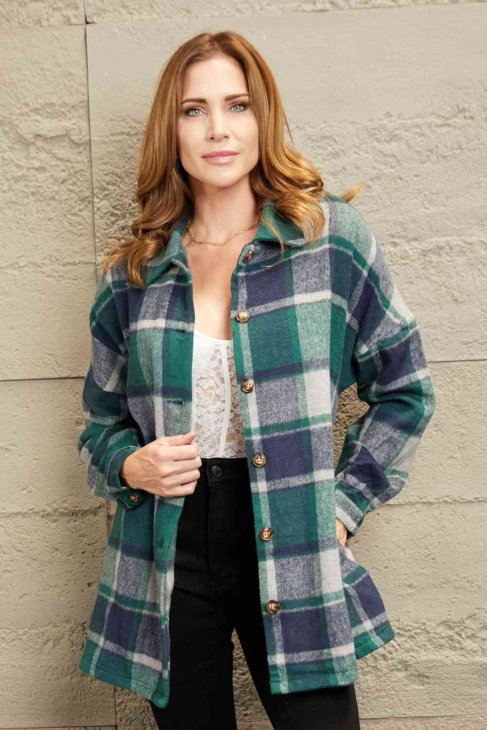 Double Take Plaid Dropped Shoulder Pocketed Shirt Jacket Green / S