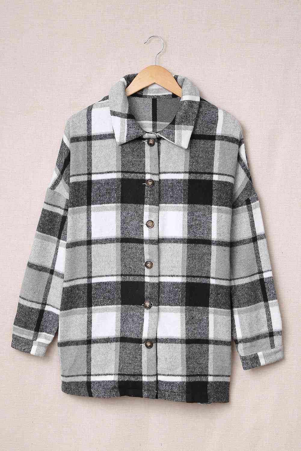 Double Take Plaid Dropped Shoulder Pocketed Shirt Jacket Light Gray / S