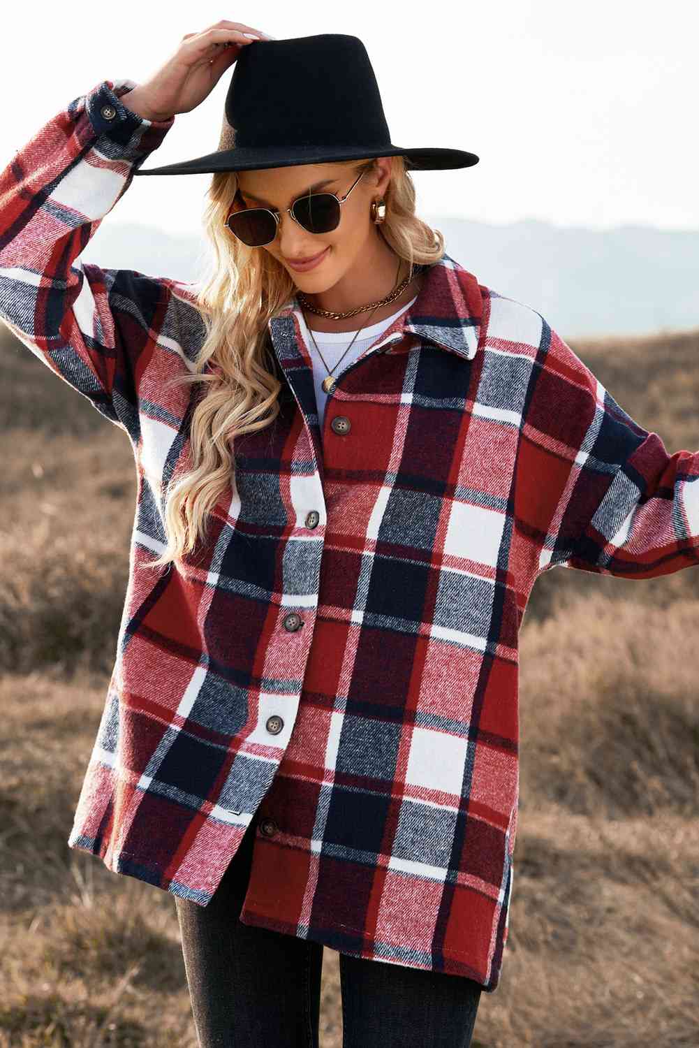 Double Take Plaid Dropped Shoulder Pocketed Shirt Jacket Rust / S