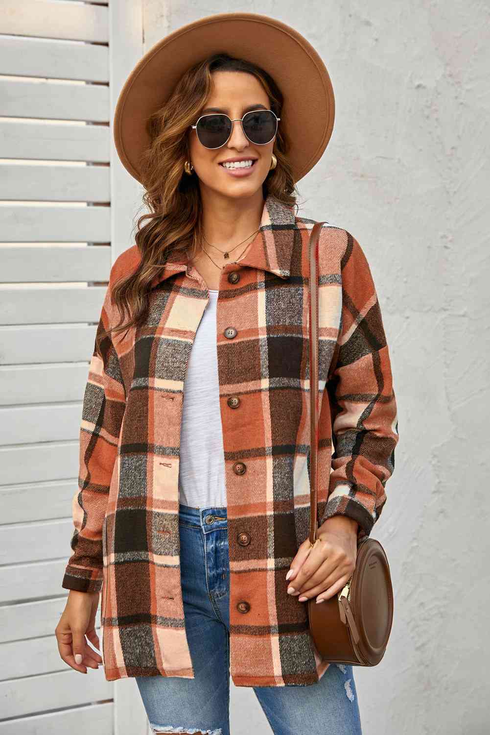 Double Take Plaid Dropped Shoulder Pocketed Shirt Jacket Tangerine / S