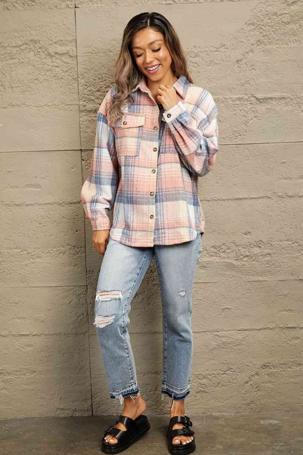 Double Take Plaid Dropped Shoulder Shacket