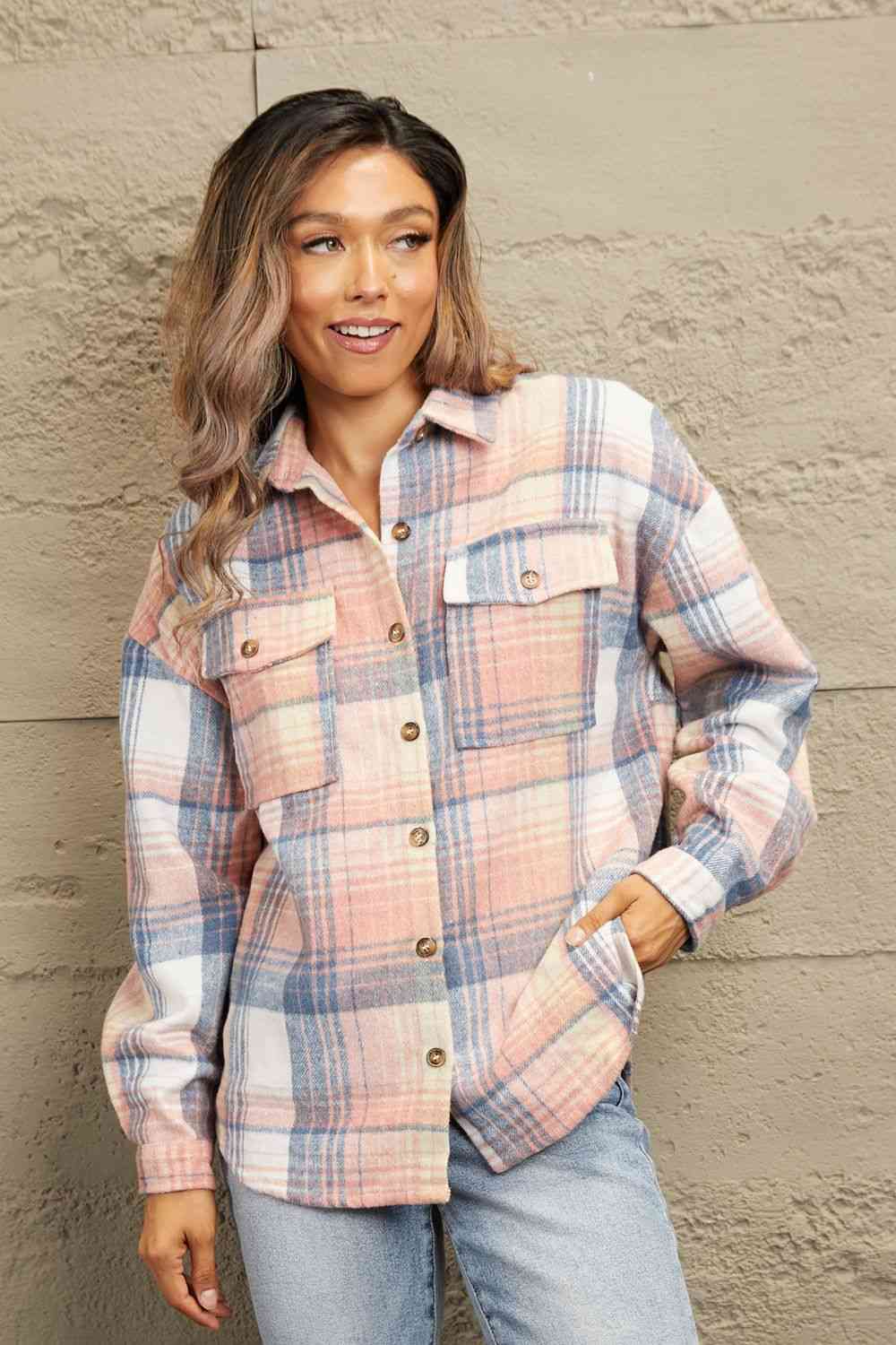 Double Take Plaid Dropped Shoulder Shacket Pink/Blue / S