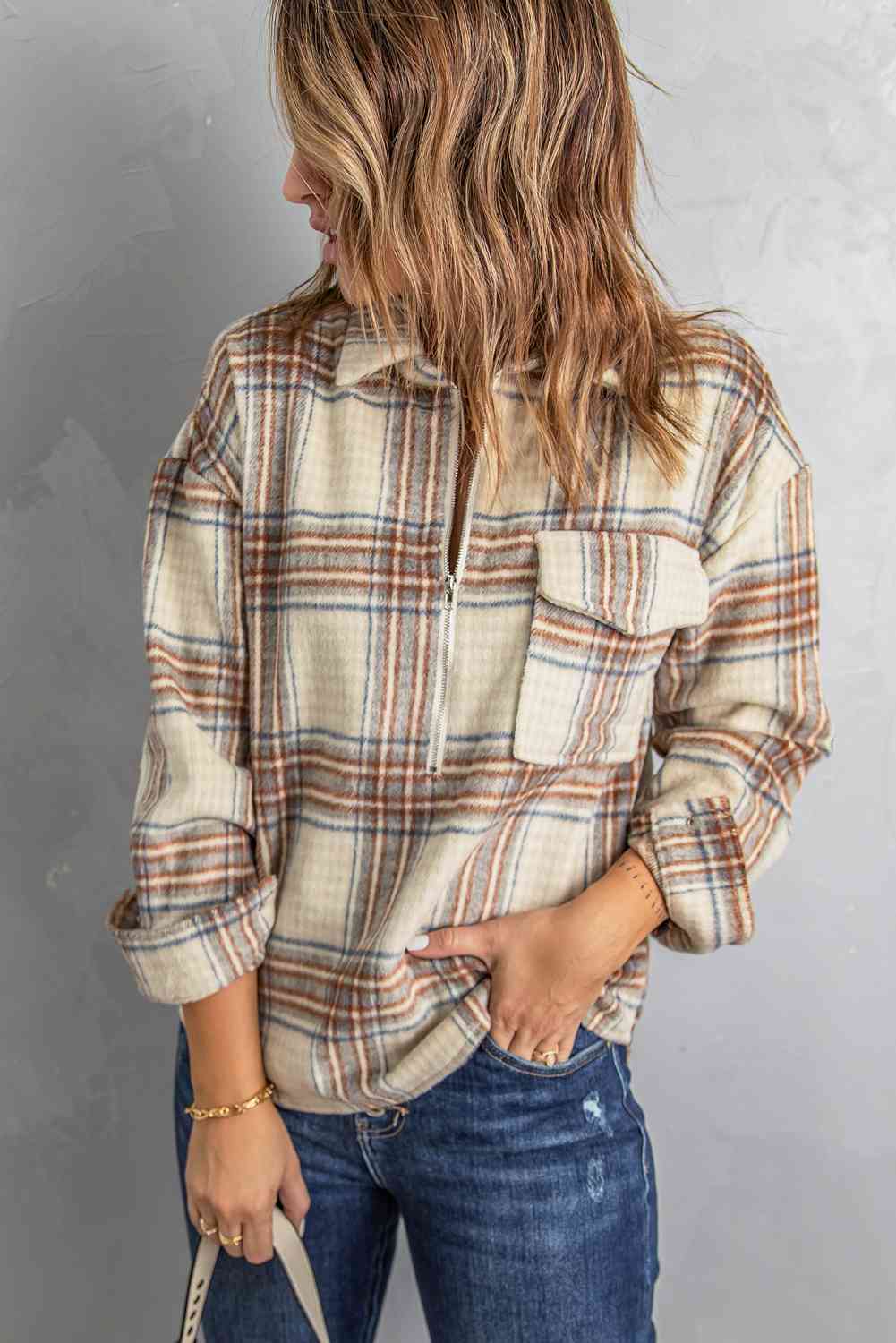 Double Take Plaid Half-Zip Collared Curved Hem Sweatshirt Khaki / S