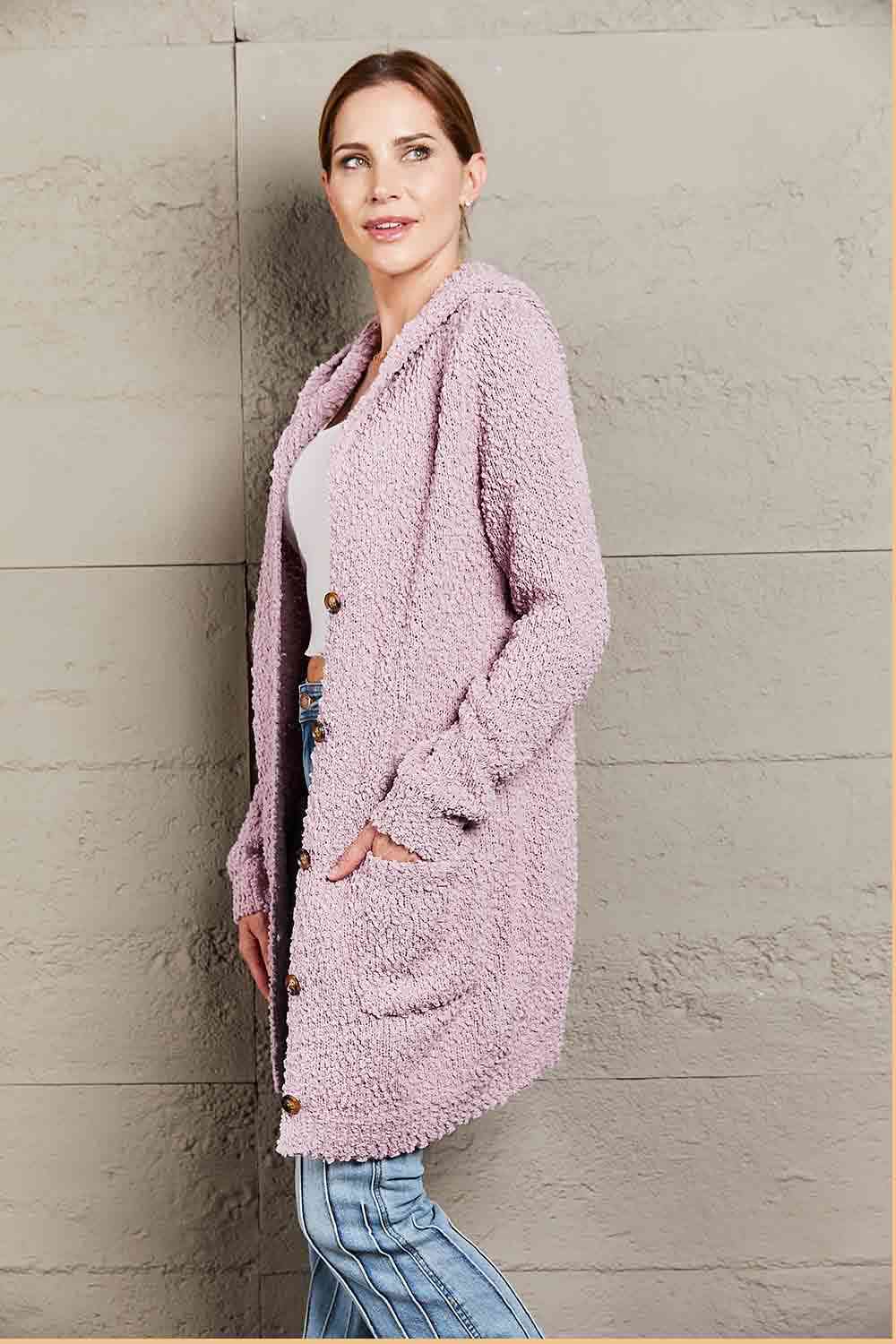 Double Take Popcorn-Knit Long Sleeve Hooded Cardigan