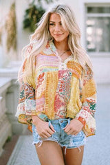 Double Take Printed Lace Trim Buttoned Blouse