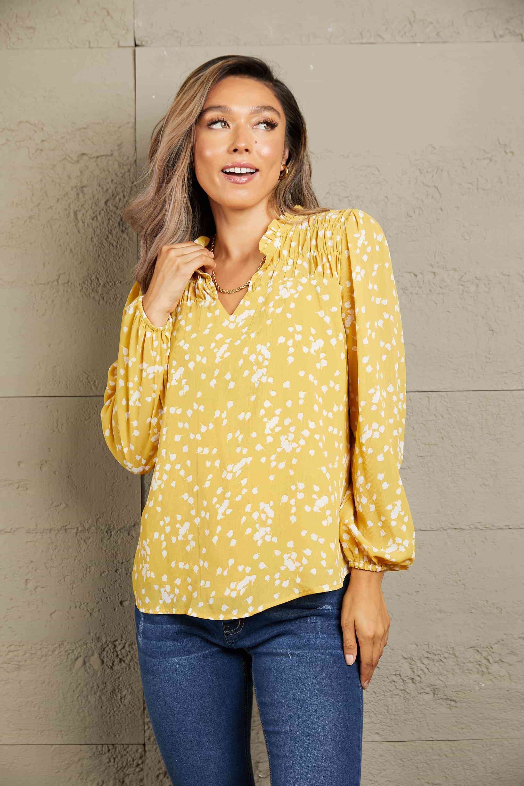 Double Take Printed Notched Neck Smocked Blouse