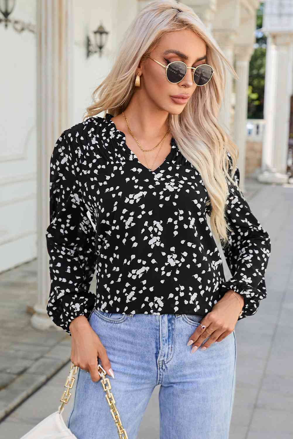 Double Take Printed Notched Neck Smocked Blouse Black / S