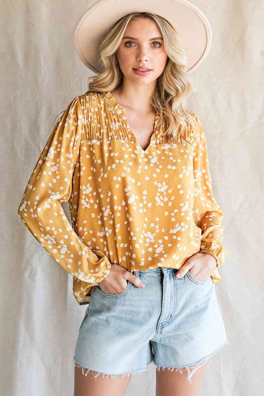 Double Take Printed Notched Neck Smocked Blouse Mustard / S