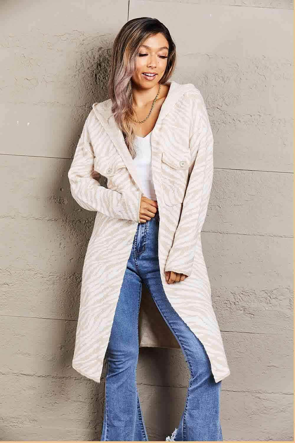 Double Take Printed Open Front Hooded Longline Cardigan Beige / S