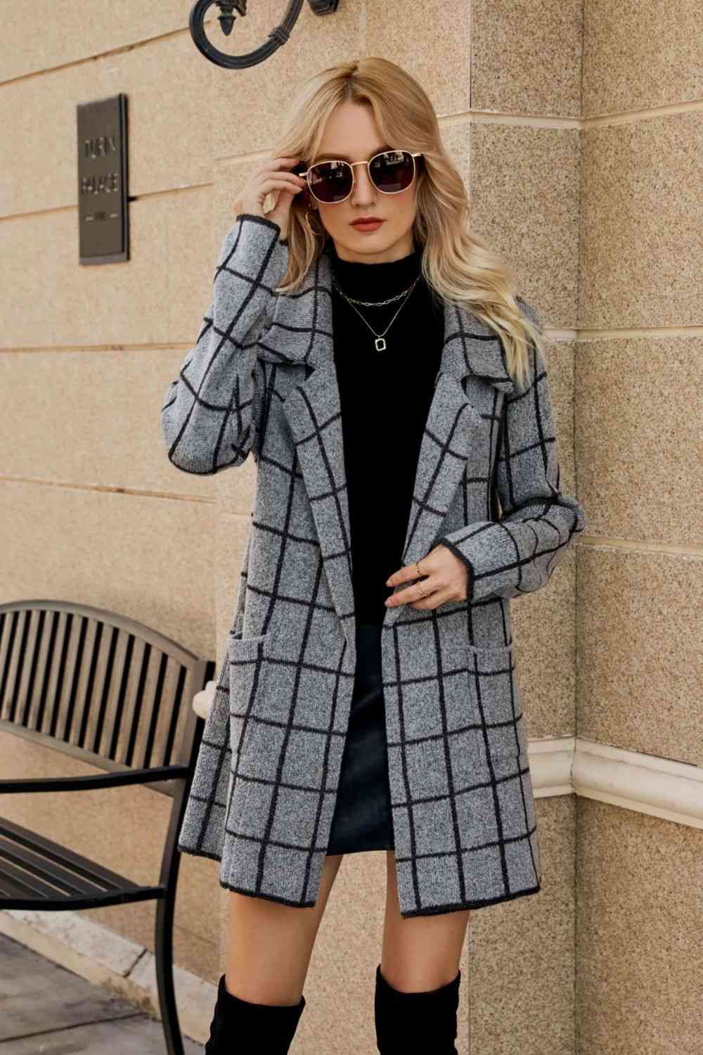 Double Take Printed Open Front Lapel Collar Cardigan with Pockets Gray / S