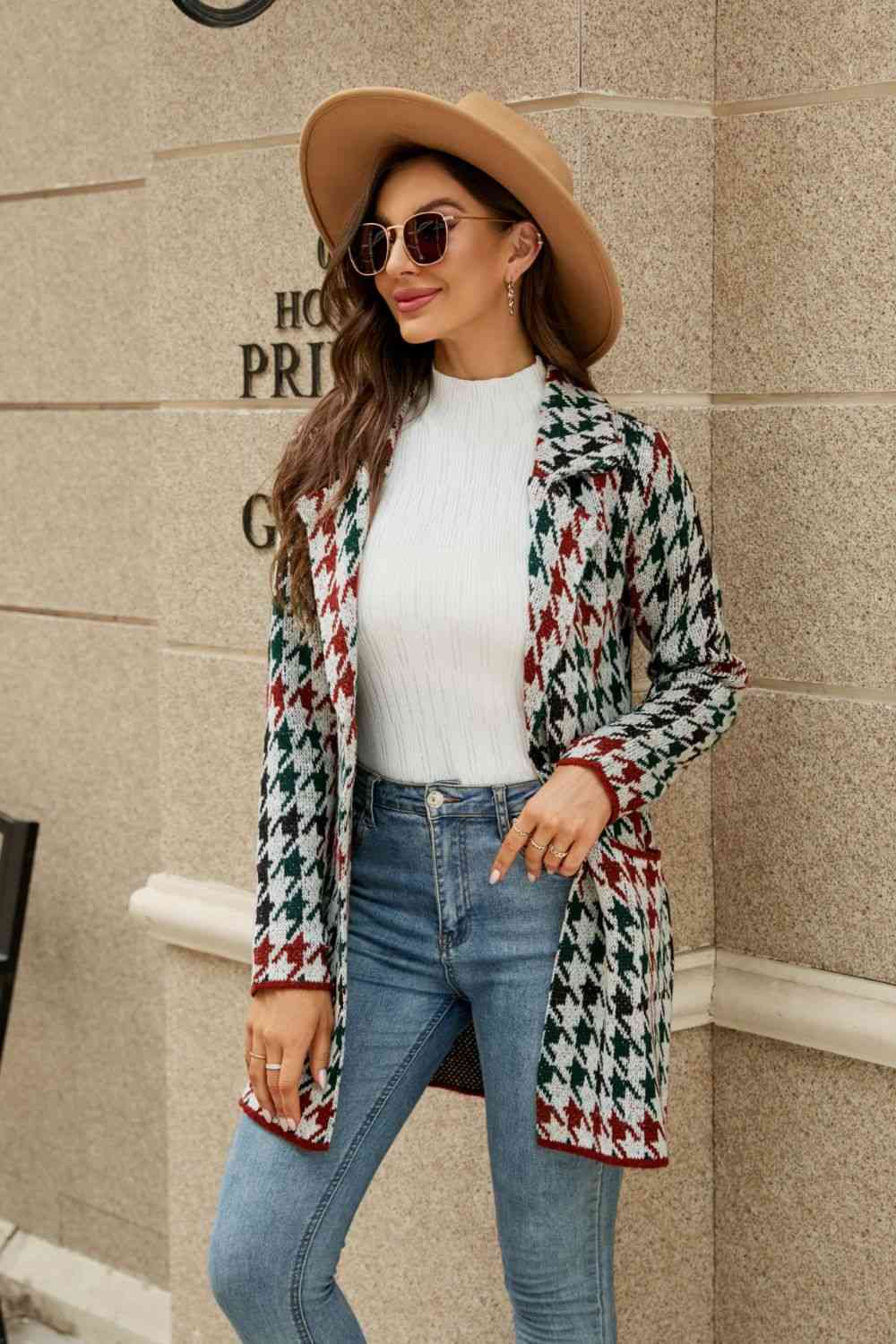 Double Take Printed Open Front Lapel Collar Cardigan with Pockets Green / S