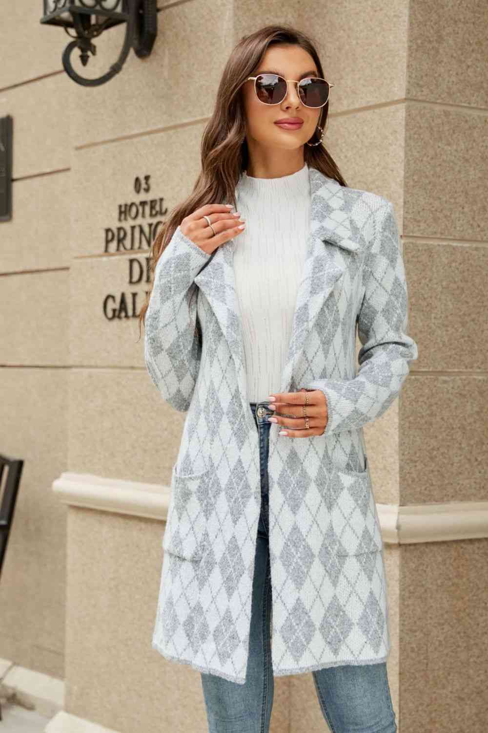 Double Take Printed Open Front Lapel Collar Cardigan with Pockets White/Gray / S