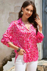 Double Take Printed Roll-Tab Sleeve Shirt Hot Pink / S