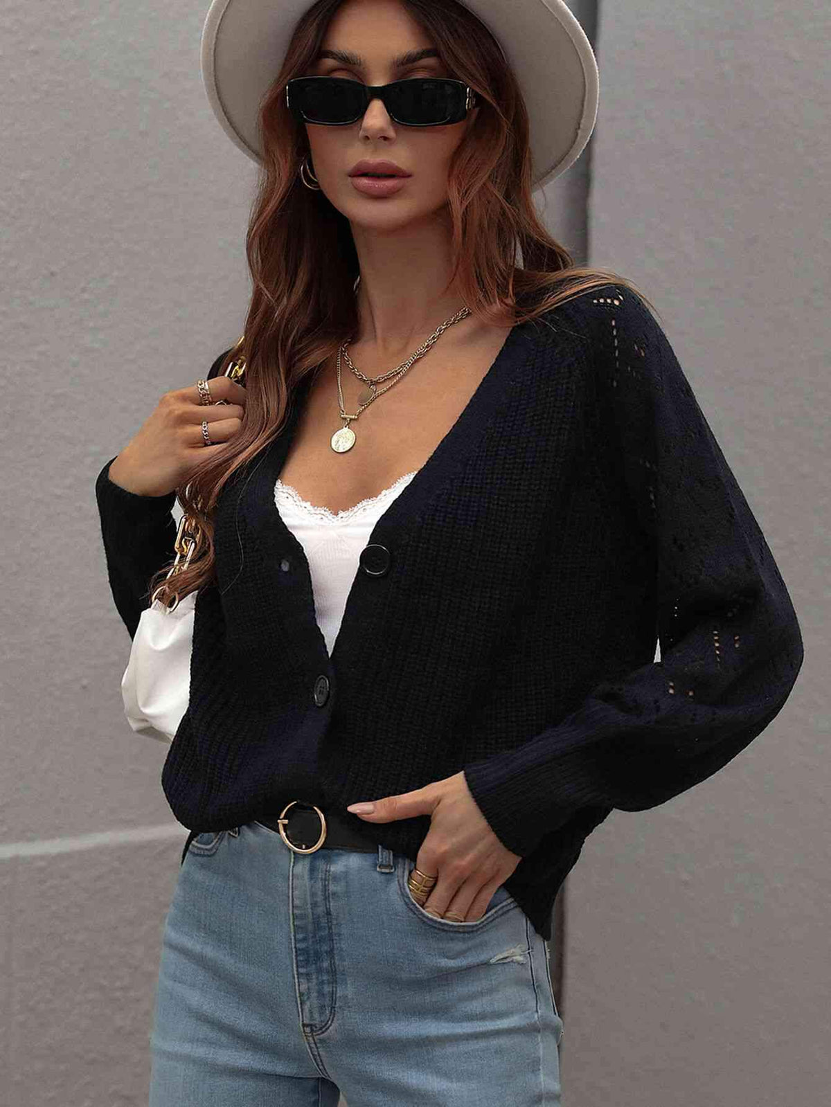 Double Take Rib-Knit Plunge Raglan Sleeve Cardigan Black / S