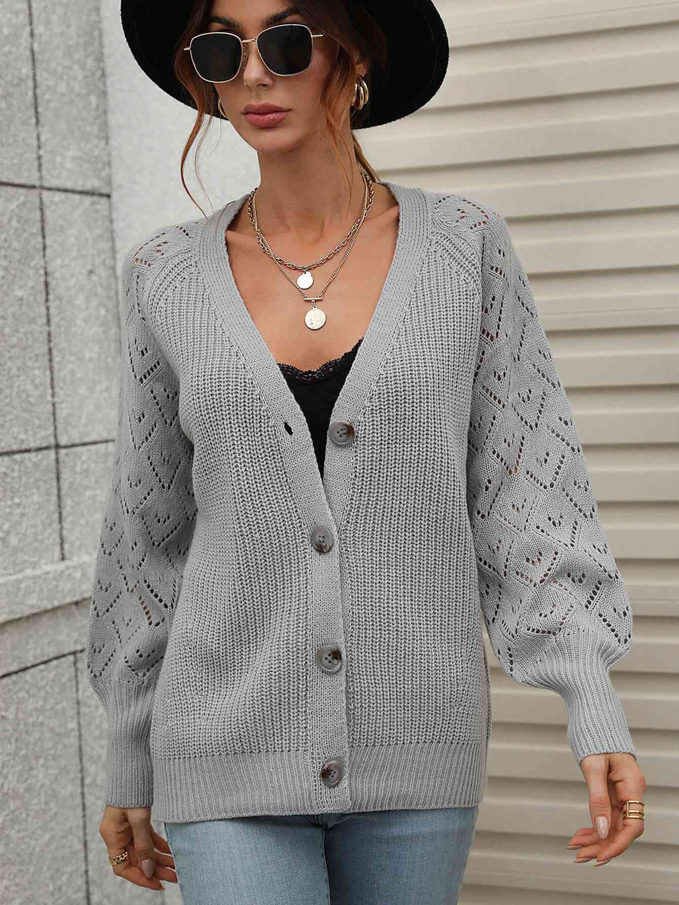 Double Take Rib-Knit Plunge Raglan Sleeve Cardigan Gray / S