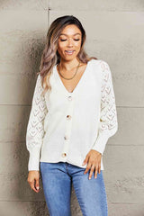 Double Take Rib-Knit Plunge Raglan Sleeve Cardigan White / S