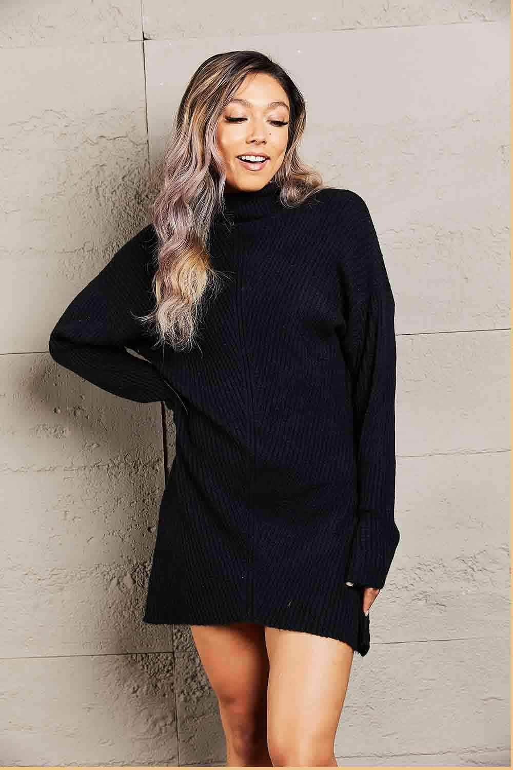 Double Take Rib-Knit Turtleneck Drop Shoulder Sweater Dress Black / S