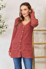 Double Take Ribbed Button-Up Cardigan with Pockets Brick Red / S