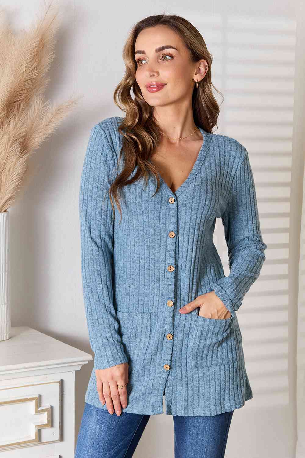 Double Take Ribbed Button-Up Cardigan with Pockets Pastel  Blue / S