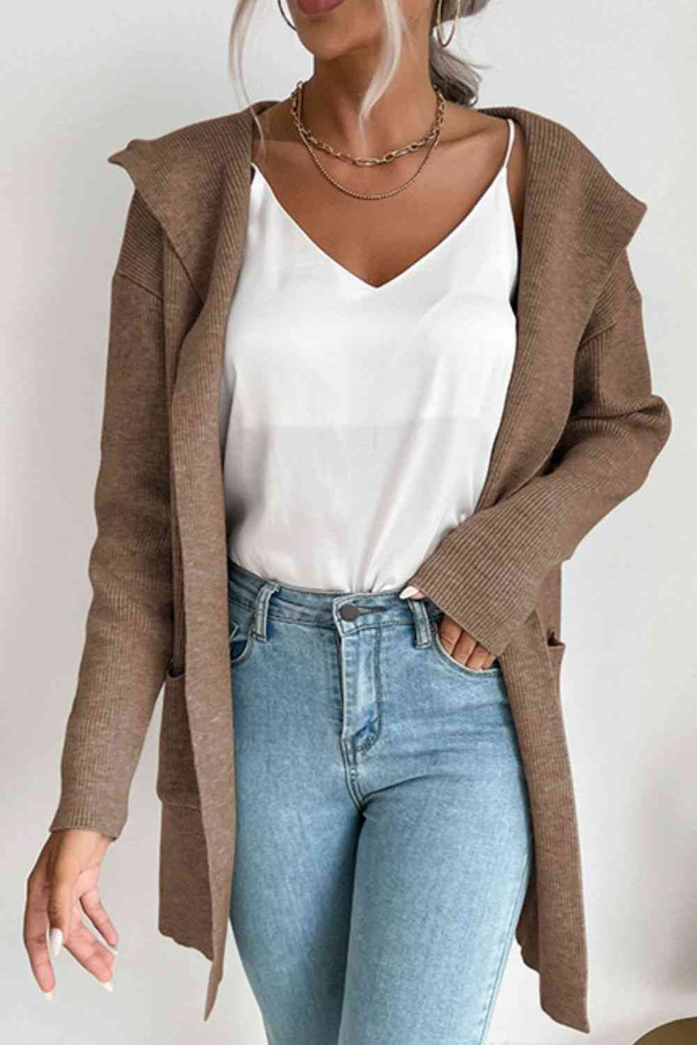 Double Take Ribbed Open Front Hooded Cardigan with Pockets Camel / S