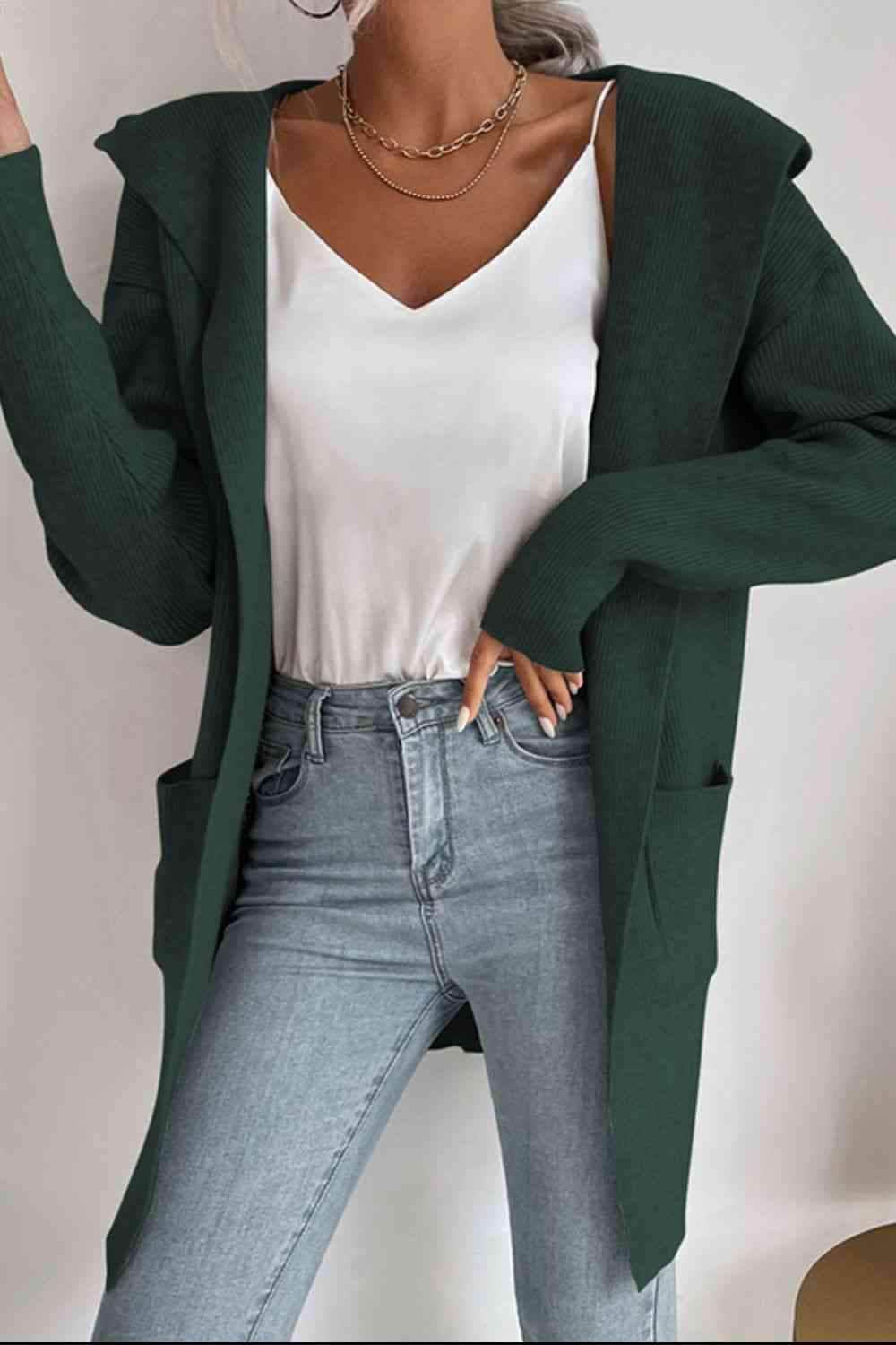 Double Take Ribbed Open Front Hooded Cardigan with Pockets Green / S