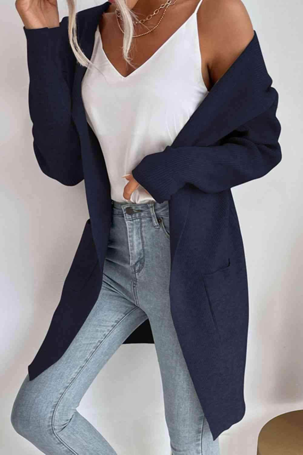 Double Take Ribbed Open Front Hooded Cardigan with Pockets Navy / S