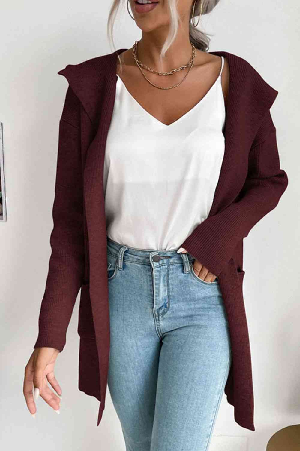 Double Take Ribbed Open Front Hooded Cardigan with Pockets Wine / S