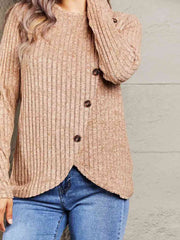 Double Take Ribbed Round Neck Buttoned Long Sleeve Tee