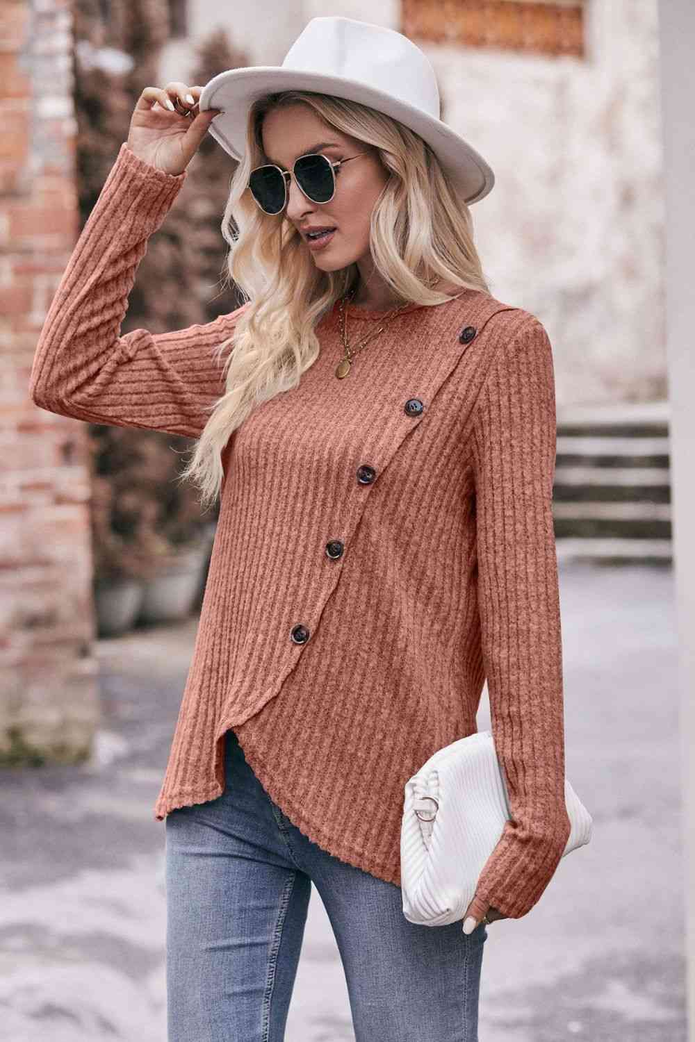 Double Take Ribbed Round Neck Buttoned Long Sleeve Tee