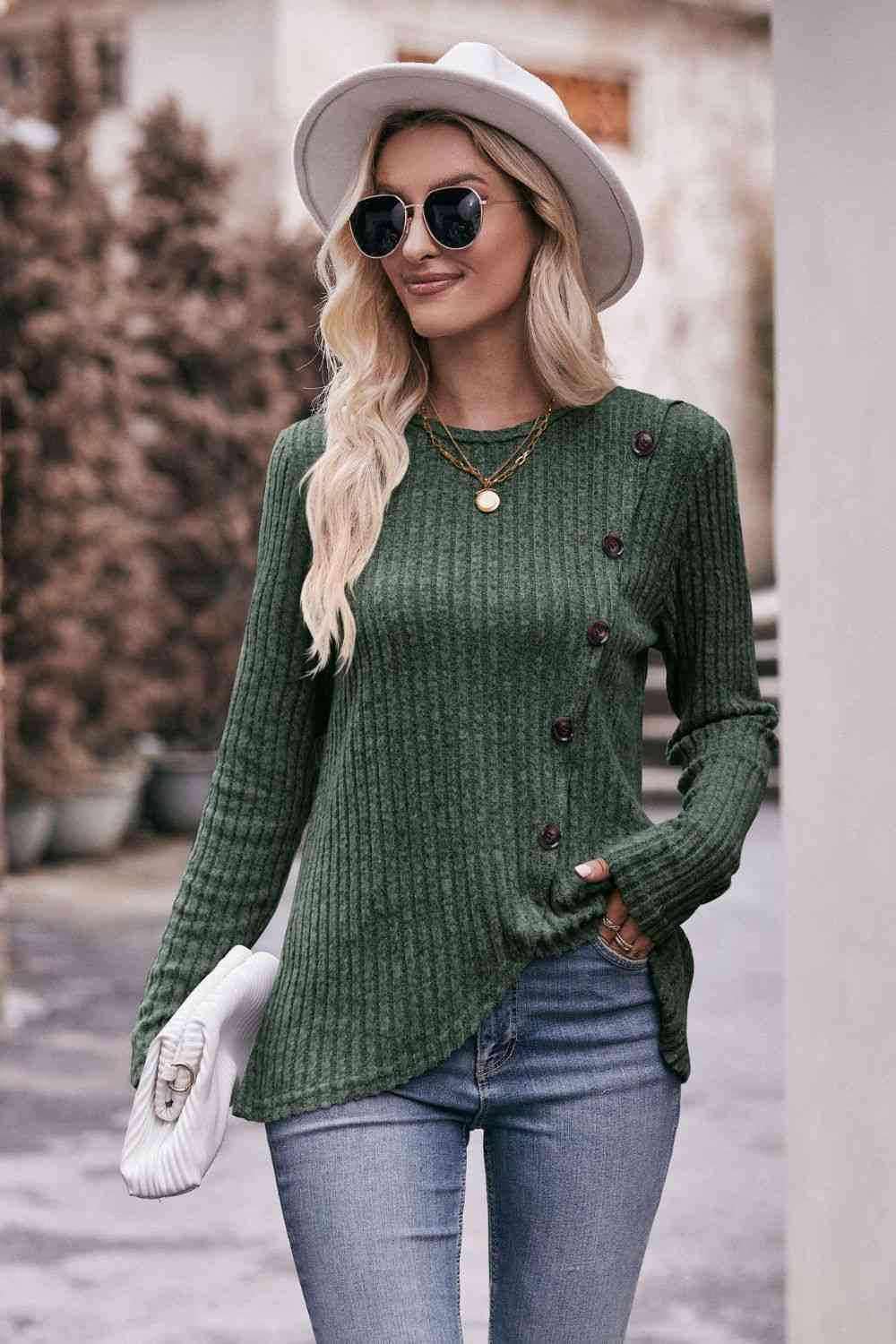 Double Take Ribbed Round Neck Buttoned Long Sleeve Tee Army Green / S