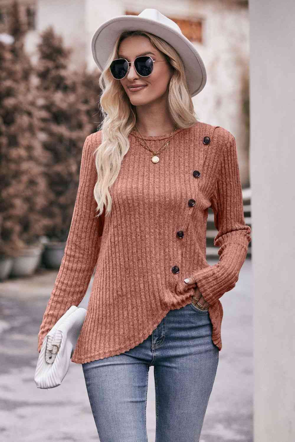 Double Take Ribbed Round Neck Buttoned Long Sleeve Tee Burnt Coral / S