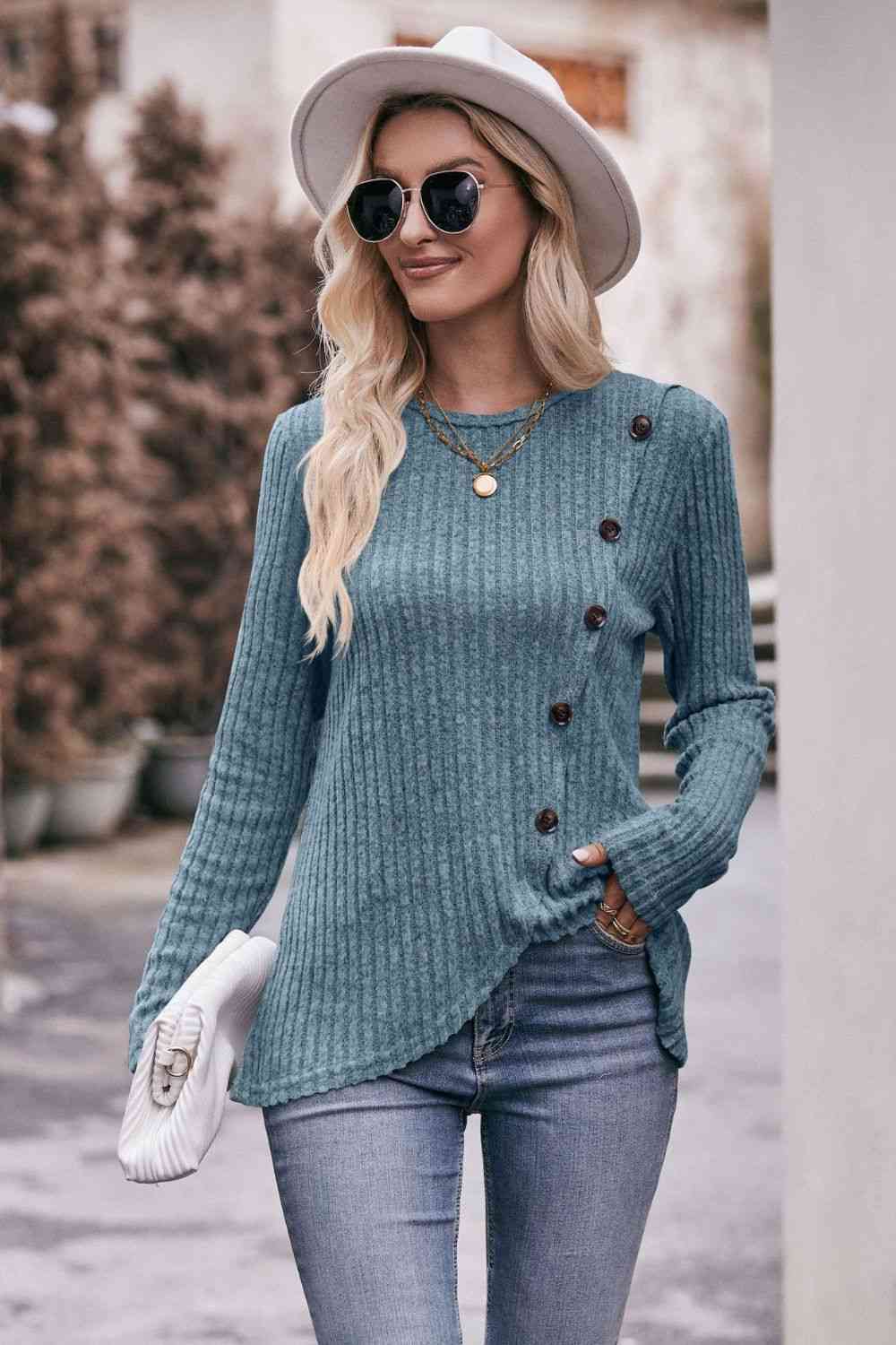 Double Take Ribbed Round Neck Buttoned Long Sleeve Tee Cloudy Blue / S