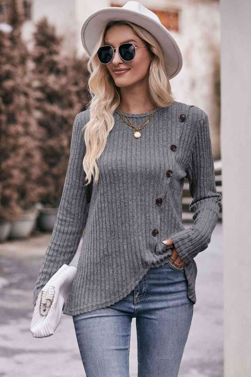 Double Take Ribbed Round Neck Buttoned Long Sleeve Tee Heather Gray / S