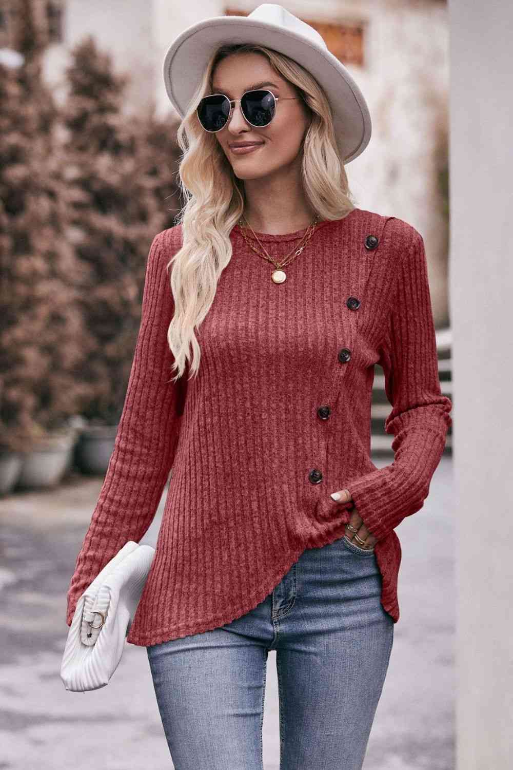 Double Take Ribbed Round Neck Buttoned Long Sleeve Tee Wine / S