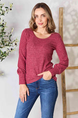 Double Take Ribbed Round Neck Lantern Sleeve Blouse Wine / S